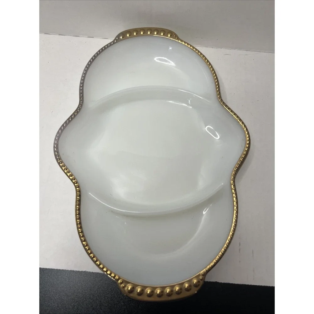 Vintage Fire King Milk Glass Divided Relish Dish Gold Beaded Trim Anchor Hocking